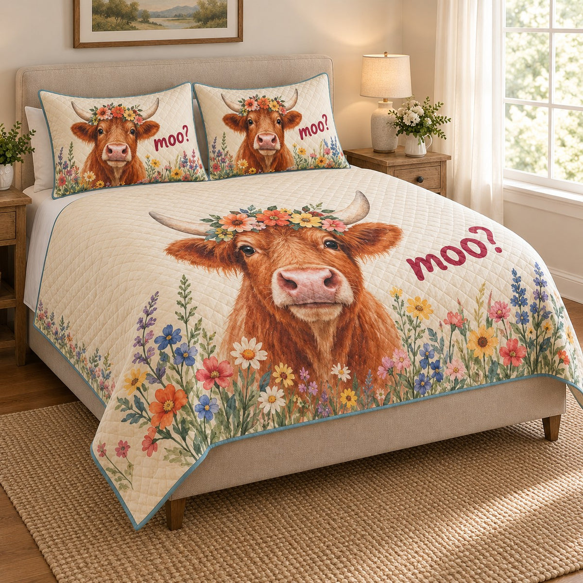 Highland Cow Moo Wildflower Quilt Set: angled bedroom view showing the quilt artwork and coordinating shams