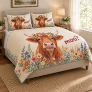 Highland Cow Moo Wildflower Quilt Set: angled bedroom view showing the quilt artwork and coordinating shams