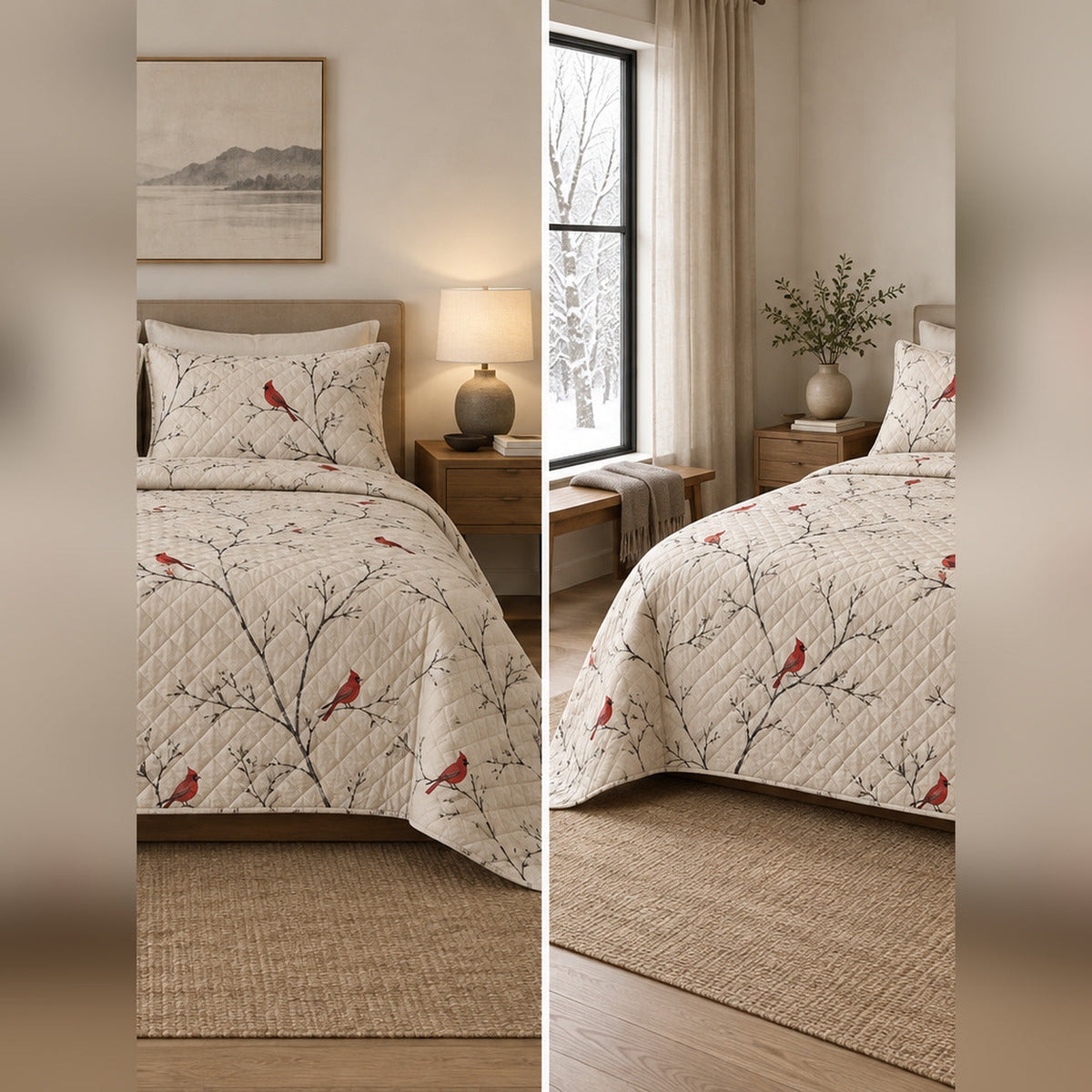 Minimal Winter Cardinal Quilt Set, front cardinal bedroom view
