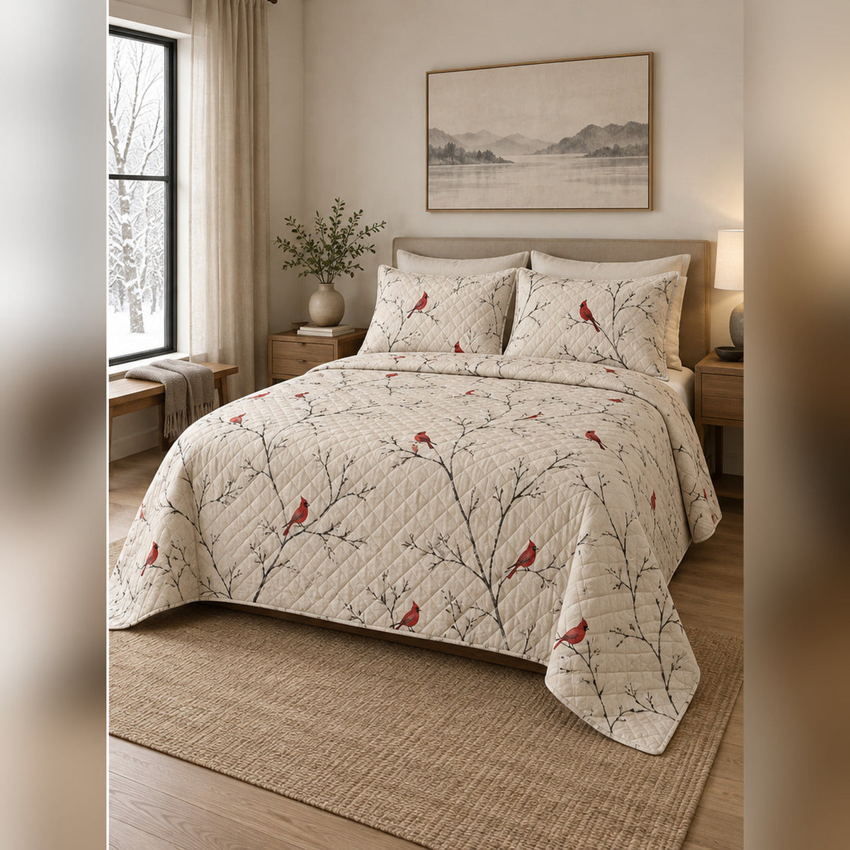 Minimal Winter Cardinal Quilt Set, angled cardinal bedroom view