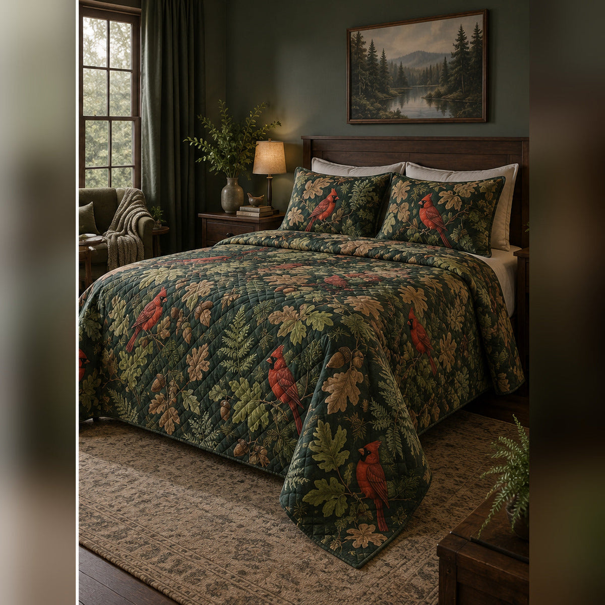Forest Cardinal Study Quilt Set, angled cardinal bedroom view