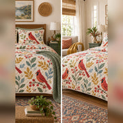 Muted Rainbow Cardinal Quilt Set, front cardinal bedroom view