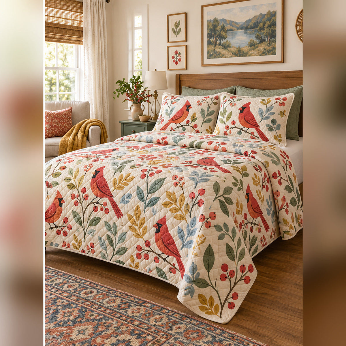 Muted Rainbow Cardinal Quilt Set, angled cardinal bedroom view