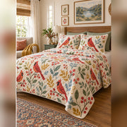 Muted Rainbow Cardinal Quilt Set, angled cardinal bedroom view