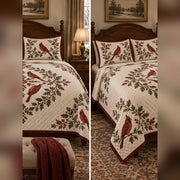 Burgundy Cardinal Medallion Quilt Set, front cardinal bedroom view