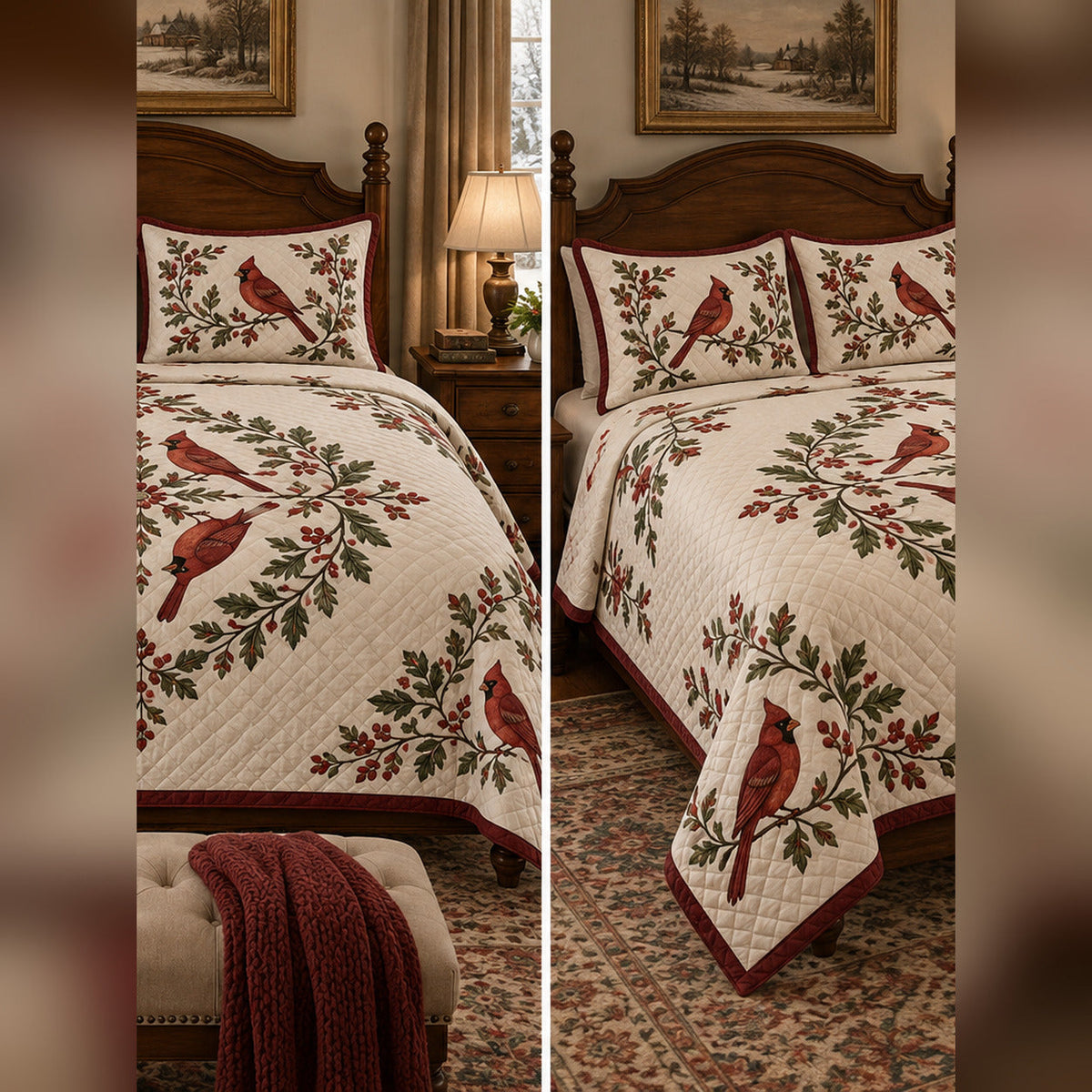 Burgundy Cardinal Medallion Quilt Set, front cardinal bedroom view