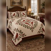 Burgundy Cardinal Medallion Quilt Set, angled cardinal bedroom view