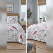 Coastal Blue Cardinal Quilt Set, front cardinal bedroom view