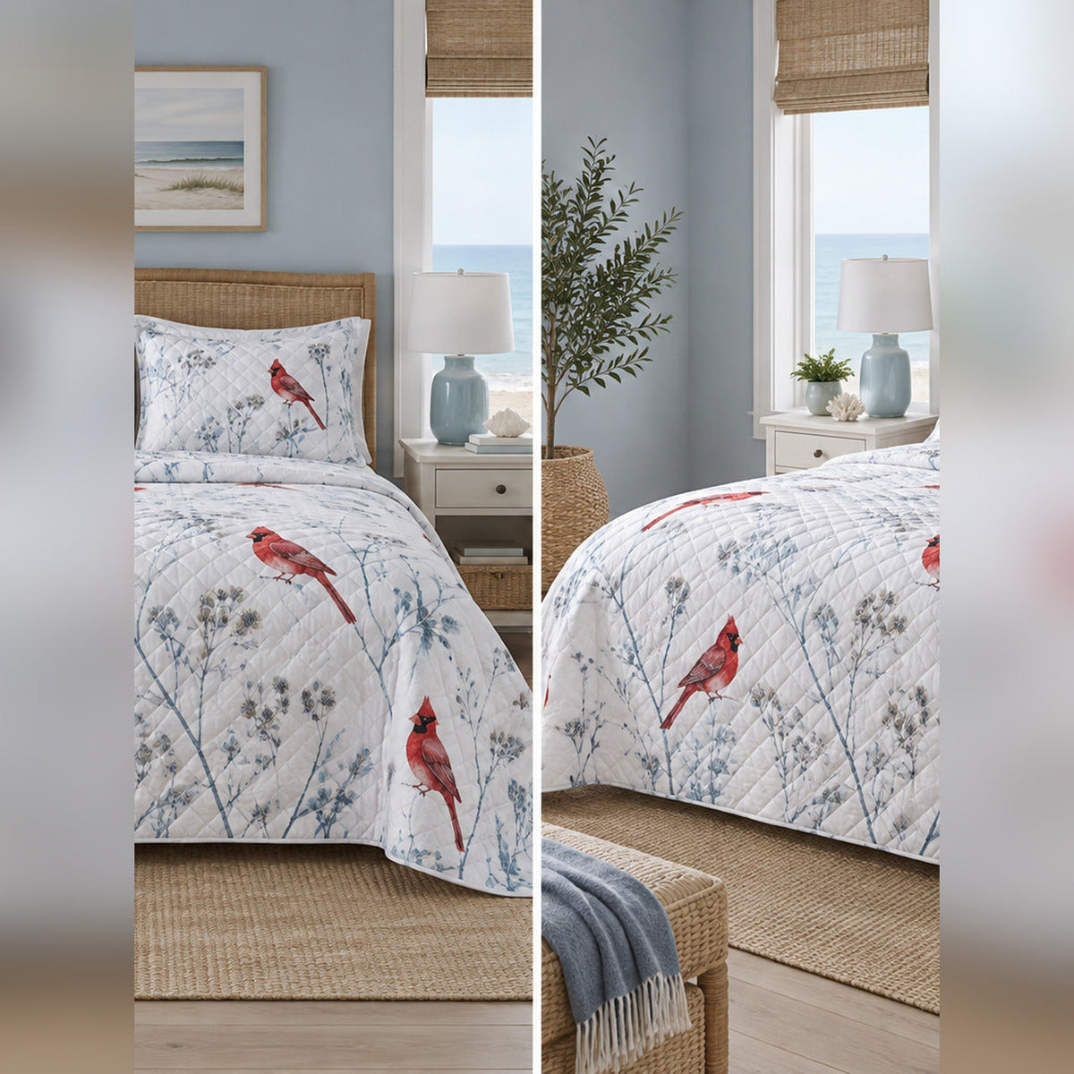 Coastal Blue Cardinal Quilt Set, front cardinal bedroom view