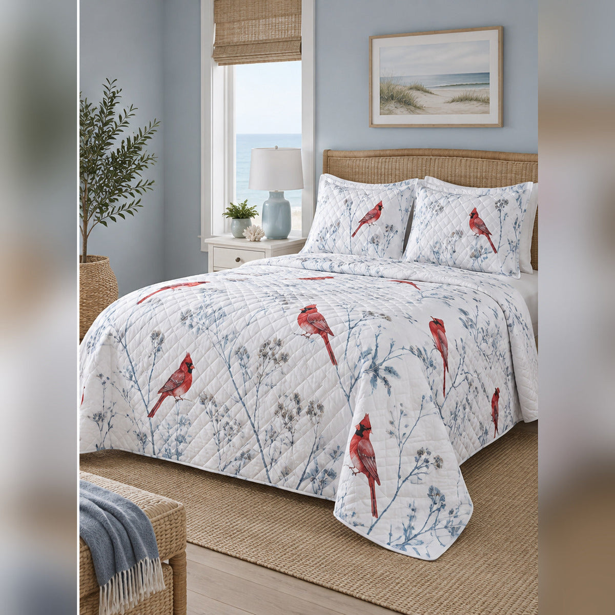 Coastal Blue Cardinal Quilt Set, angled cardinal bedroom view