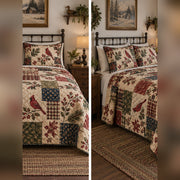 Heirloom Cardinal Patchwork Print Quilt Set, front cardinal bedroom view