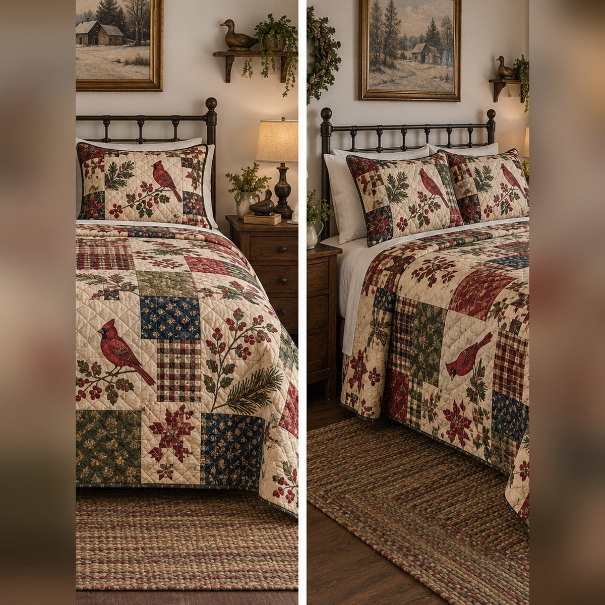 Heirloom Cardinal Patchwork Print Quilt Set, front cardinal bedroom view