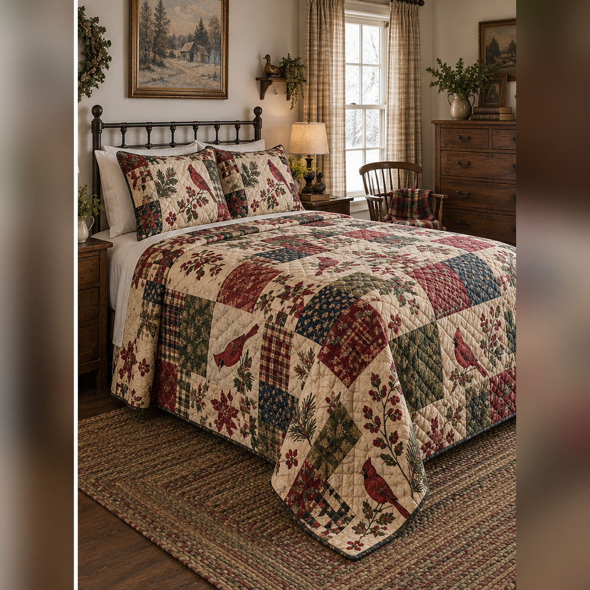 Heirloom Cardinal Patchwork Print Quilt Set, angled cardinal bedroom view
