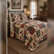 Heirloom Cardinal Patchwork Print Quilt Set, angled cardinal bedroom view
