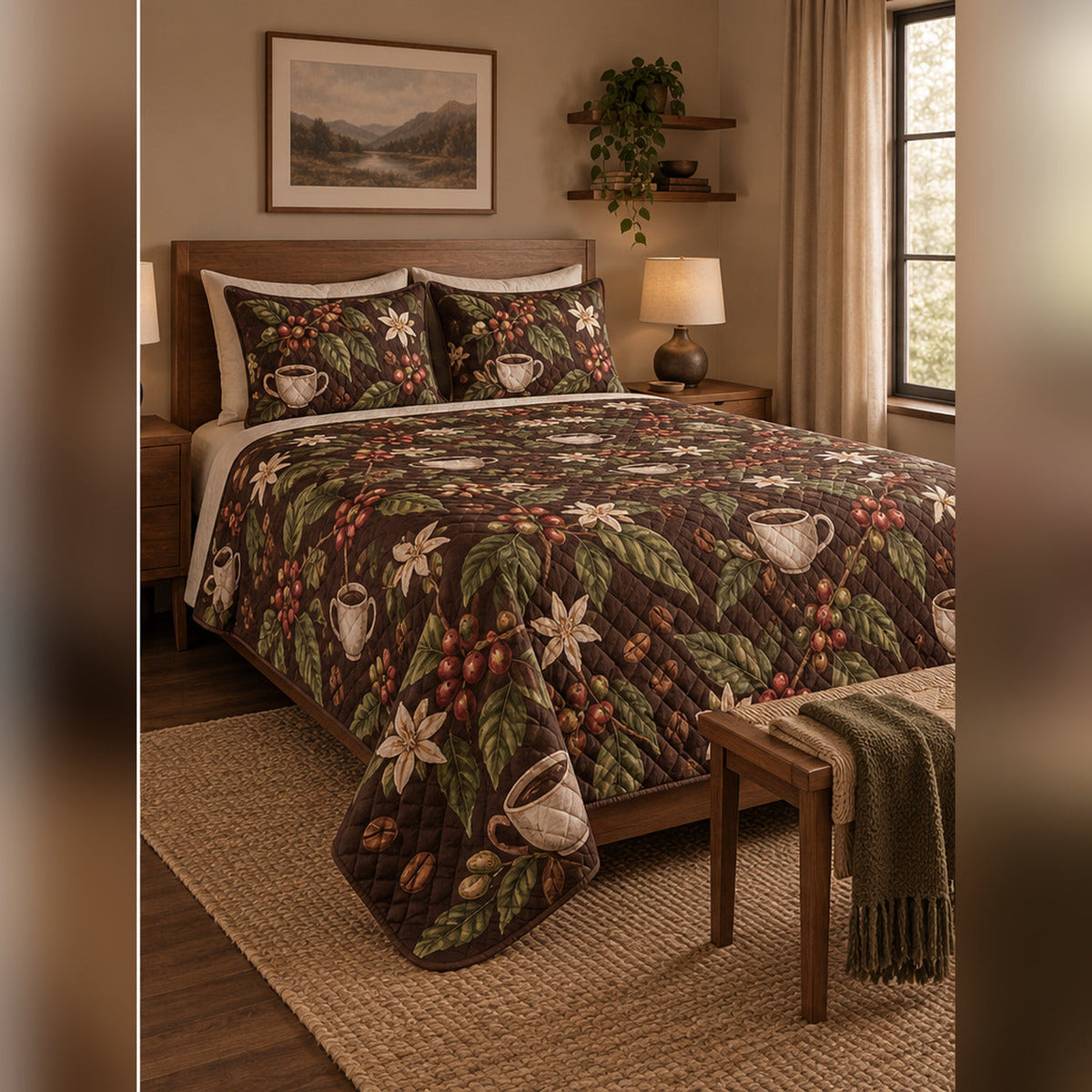 Espresso Botanical Coffee Quilt Set, angled coffee bedroom view