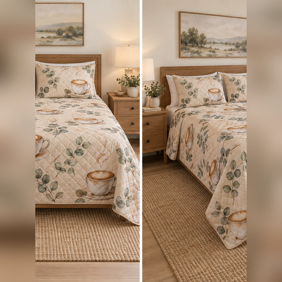 Latte Watercolor Coffee Quilt Set, front coffee bedroom view