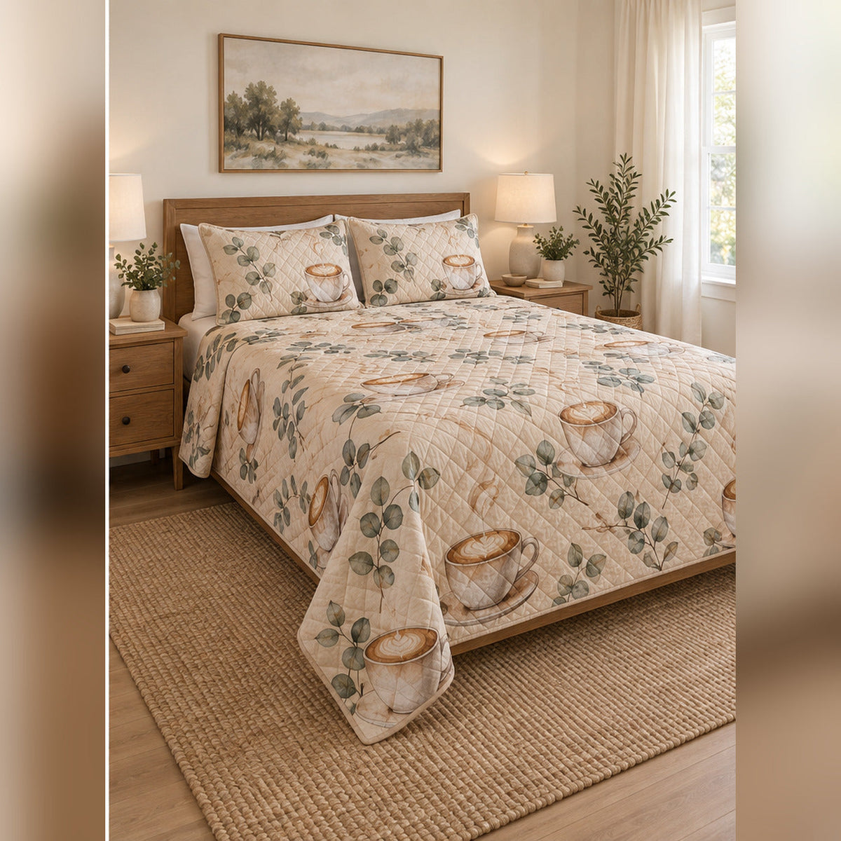 Latte Watercolor Coffee Quilt Set, angled coffee bedroom view