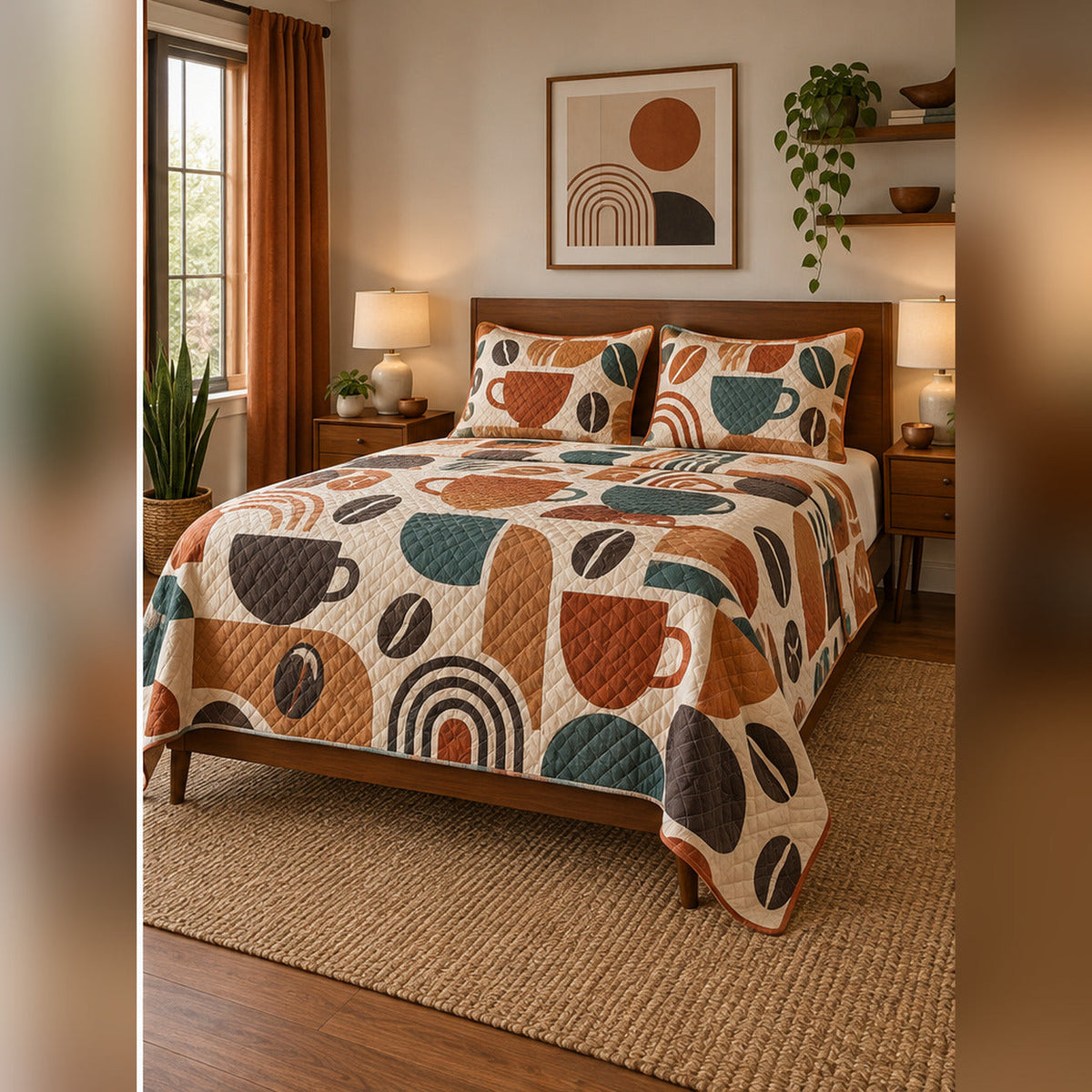 Terracotta Modern Coffee Quilt Set, angled coffee bedroom view
