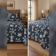 Indigo Coffee Block Print Quilt Set, front coffee bedroom view