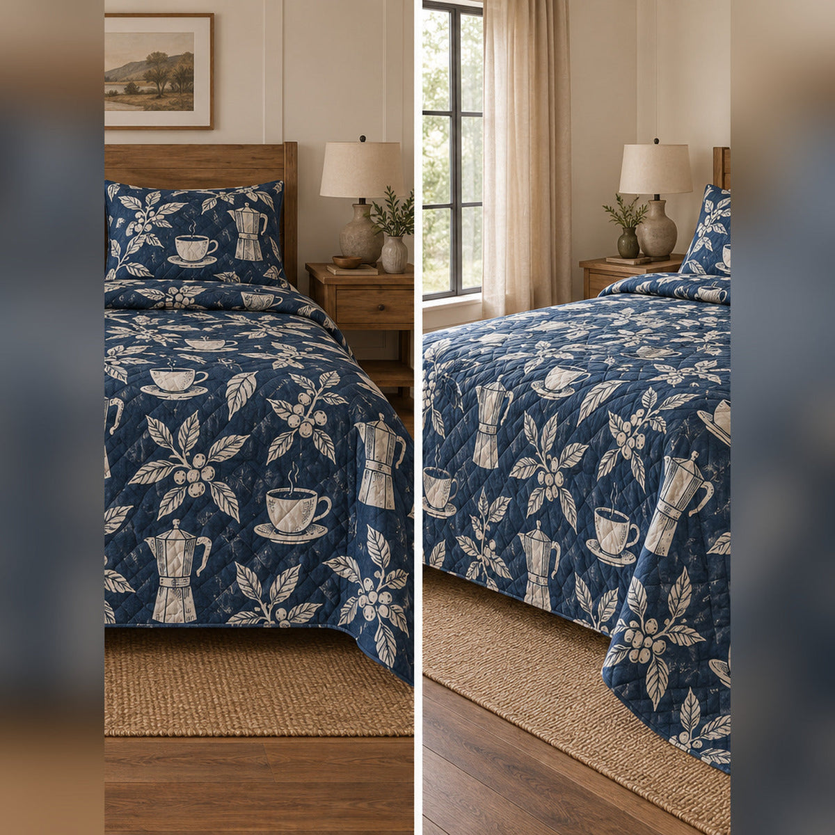 Indigo Coffee Block Print Quilt Set, front coffee bedroom view