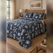 Indigo Coffee Block Print Quilt Set, angled coffee bedroom view