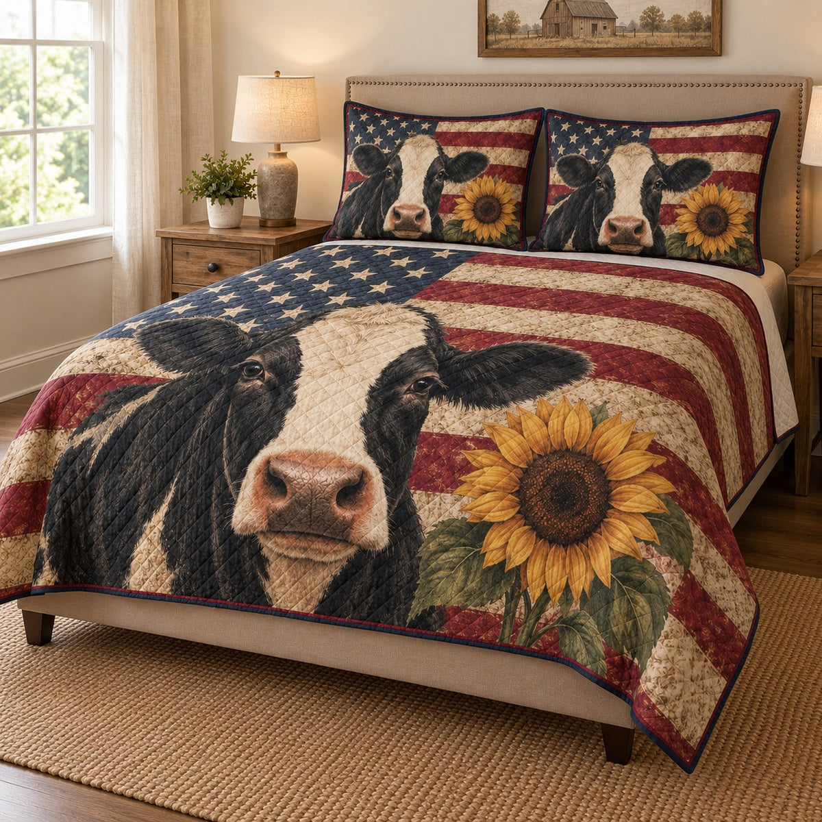 American Cow Sunflower Patriotic Quilt Set: angled bedroom view showing the quilt artwork and coordinating shams