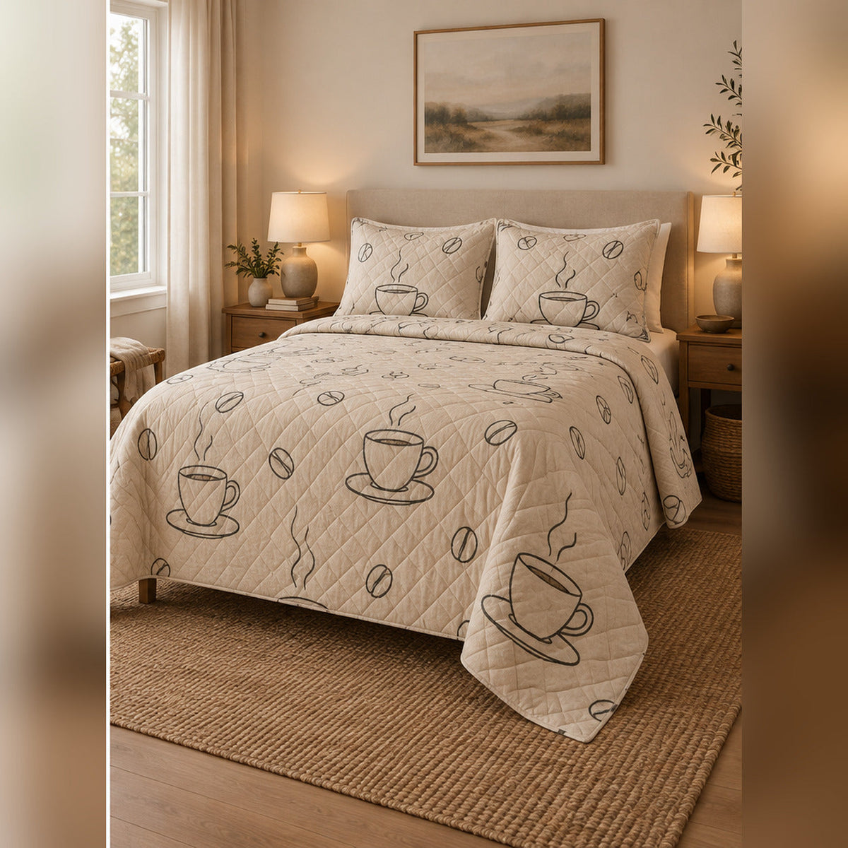 Minimal Mocha Lines Coffee Quilt Set, angled coffee bedroom view