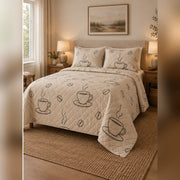 Minimal Mocha Lines Coffee Quilt Set, angled coffee bedroom view