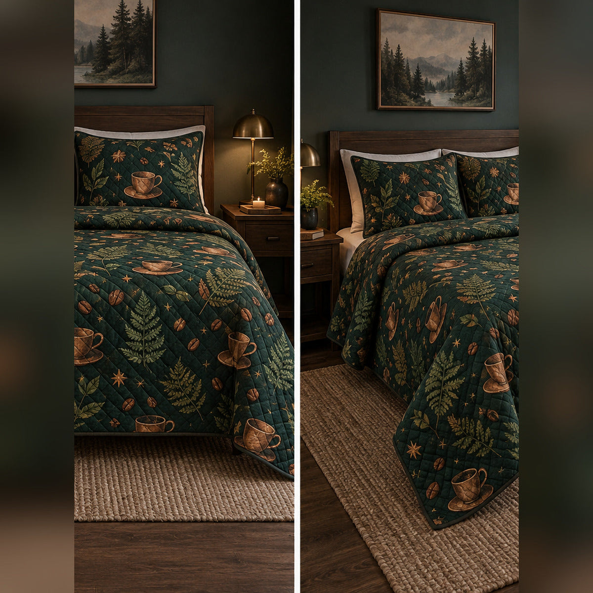 Forest Coffeehouse Quilt Set, front coffee bedroom view
