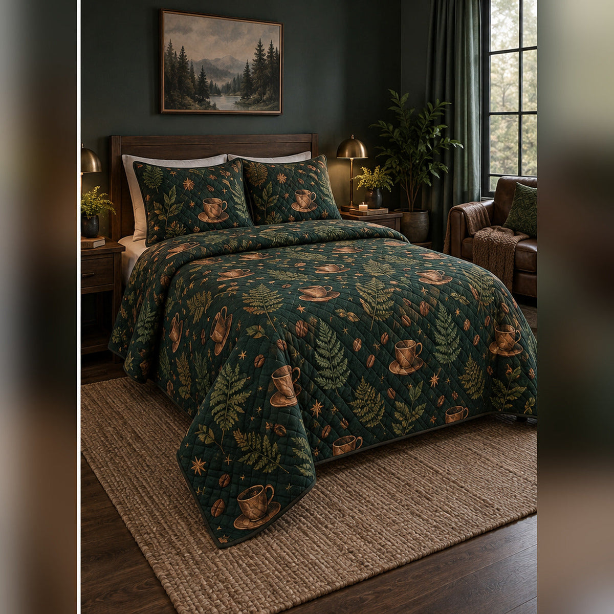 Forest Coffeehouse Quilt Set, angled coffee bedroom view
