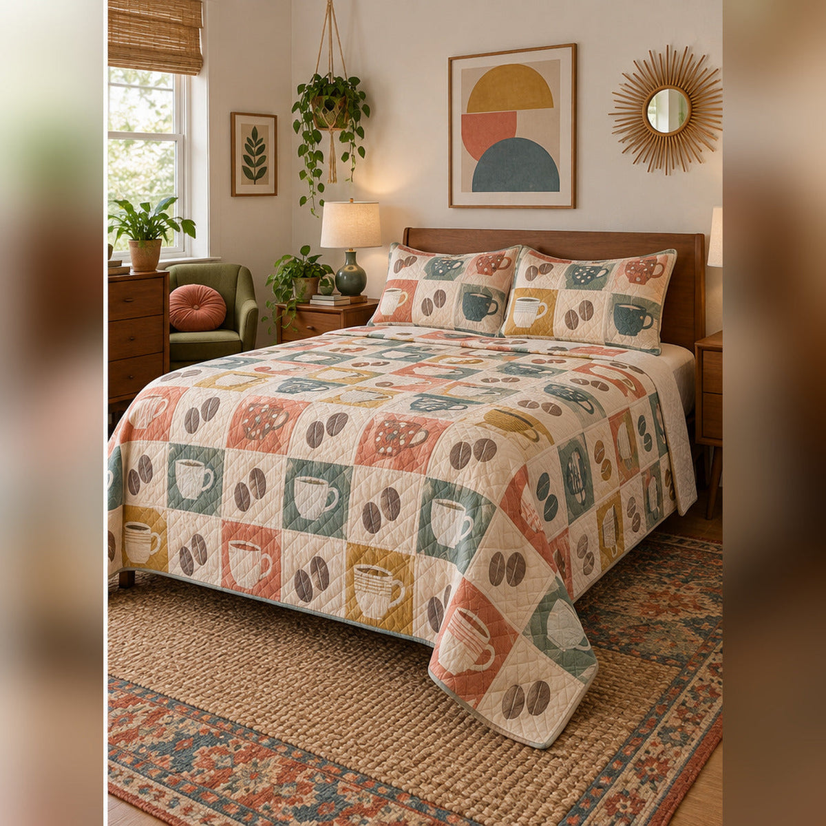 Retro Cafe Tiles Coffee Quilt Set, angled coffee bedroom view
