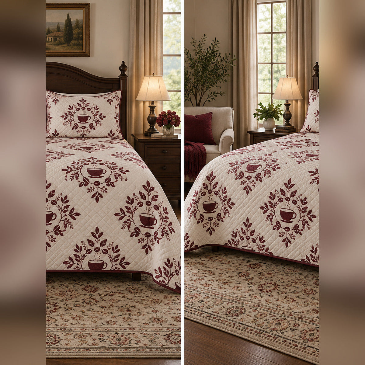 Burgundy Coffee Medallion Quilt Set, front coffee bedroom view