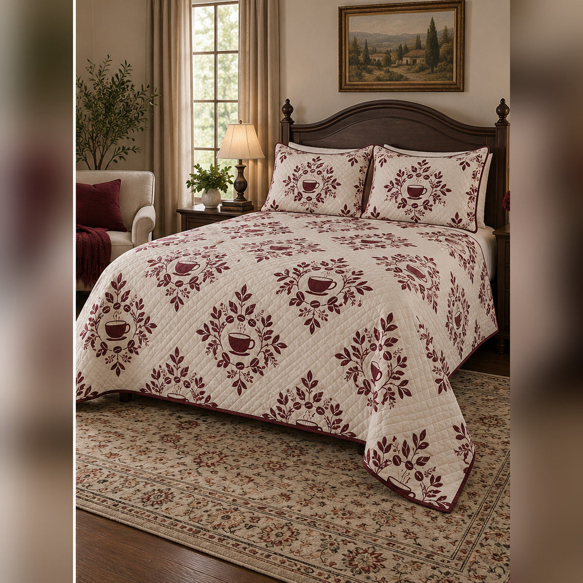 Burgundy Coffee Medallion Quilt Set, angled coffee bedroom view