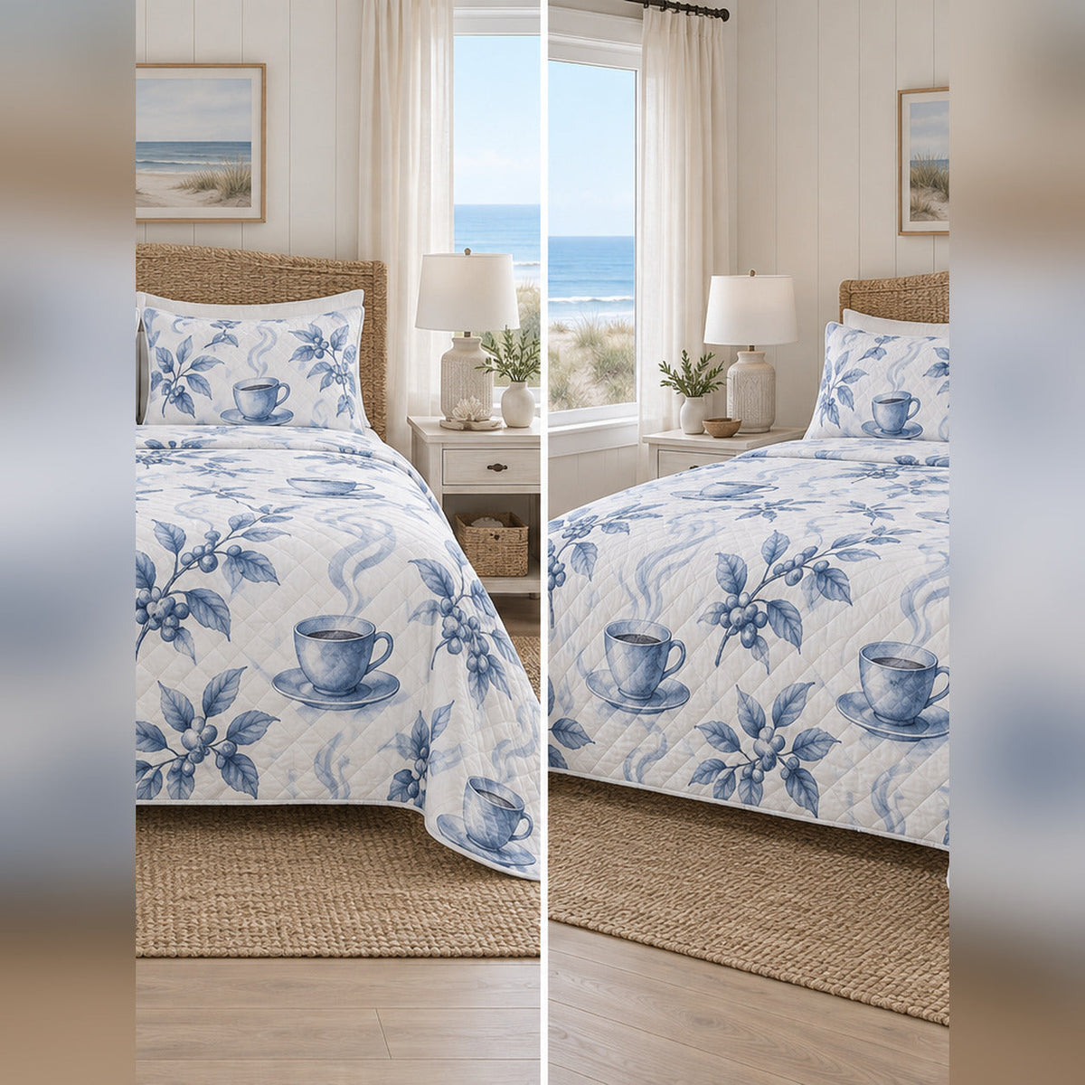 Coastal Blue Coffee Quilt Set, front coffee bedroom view