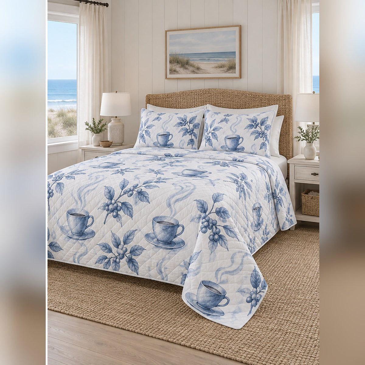 Coastal Blue Coffee Quilt Set, angled coffee bedroom view
