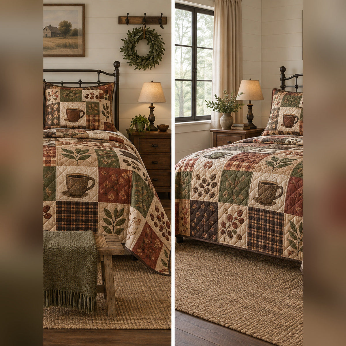 Heirloom Coffee Patchwork Print Quilt Set, front coffee bedroom view