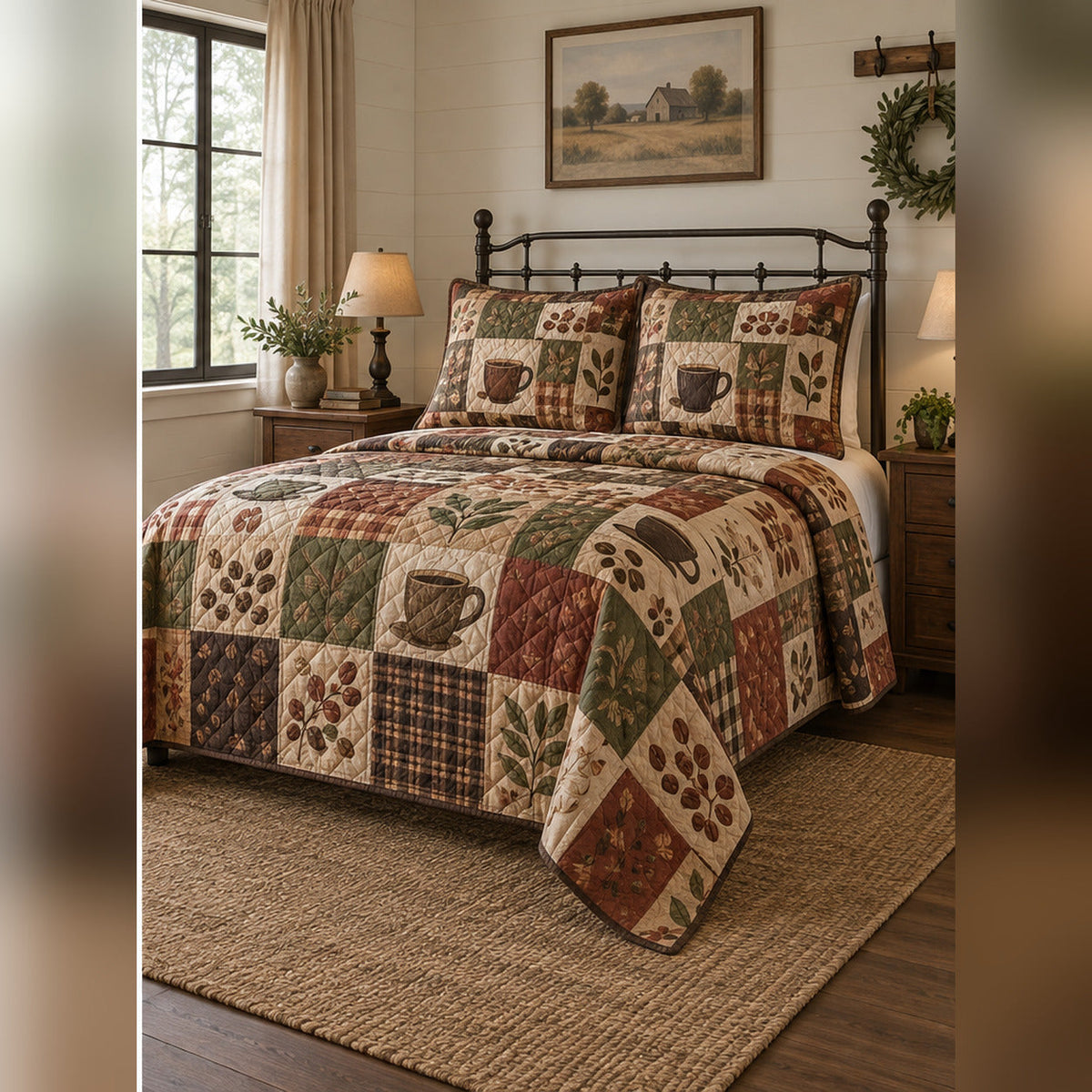 Heirloom Coffee Patchwork Print Quilt Set, angled coffee bedroom view