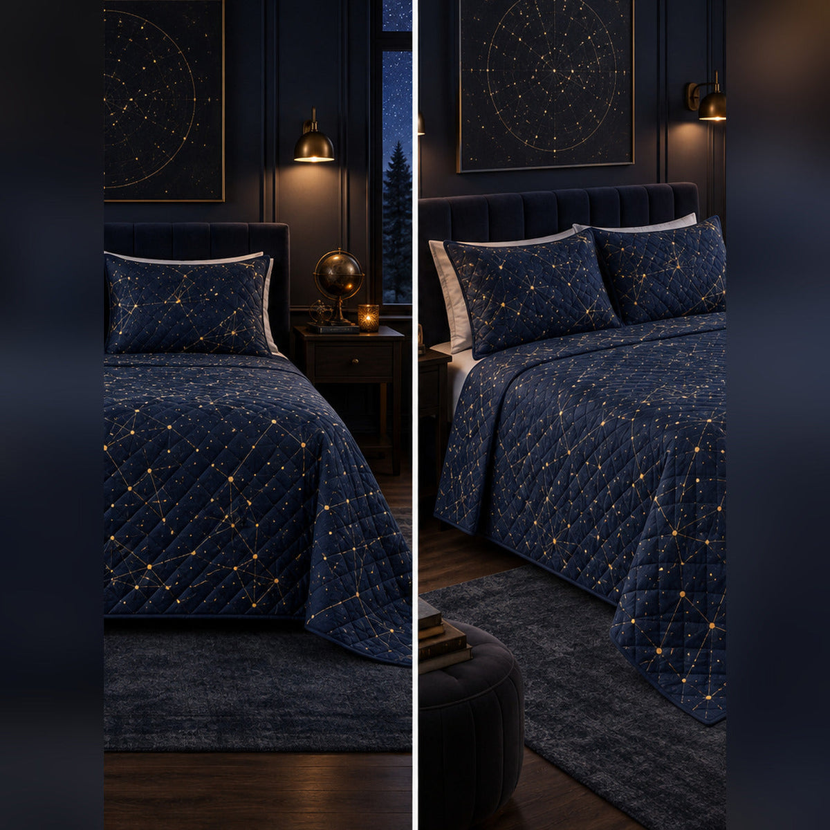 Midnight Abstract Star Map Quilt Set, front constellation bedroom view