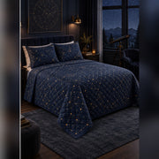Midnight Abstract Star Map Quilt Set, angled constellation bedroom view