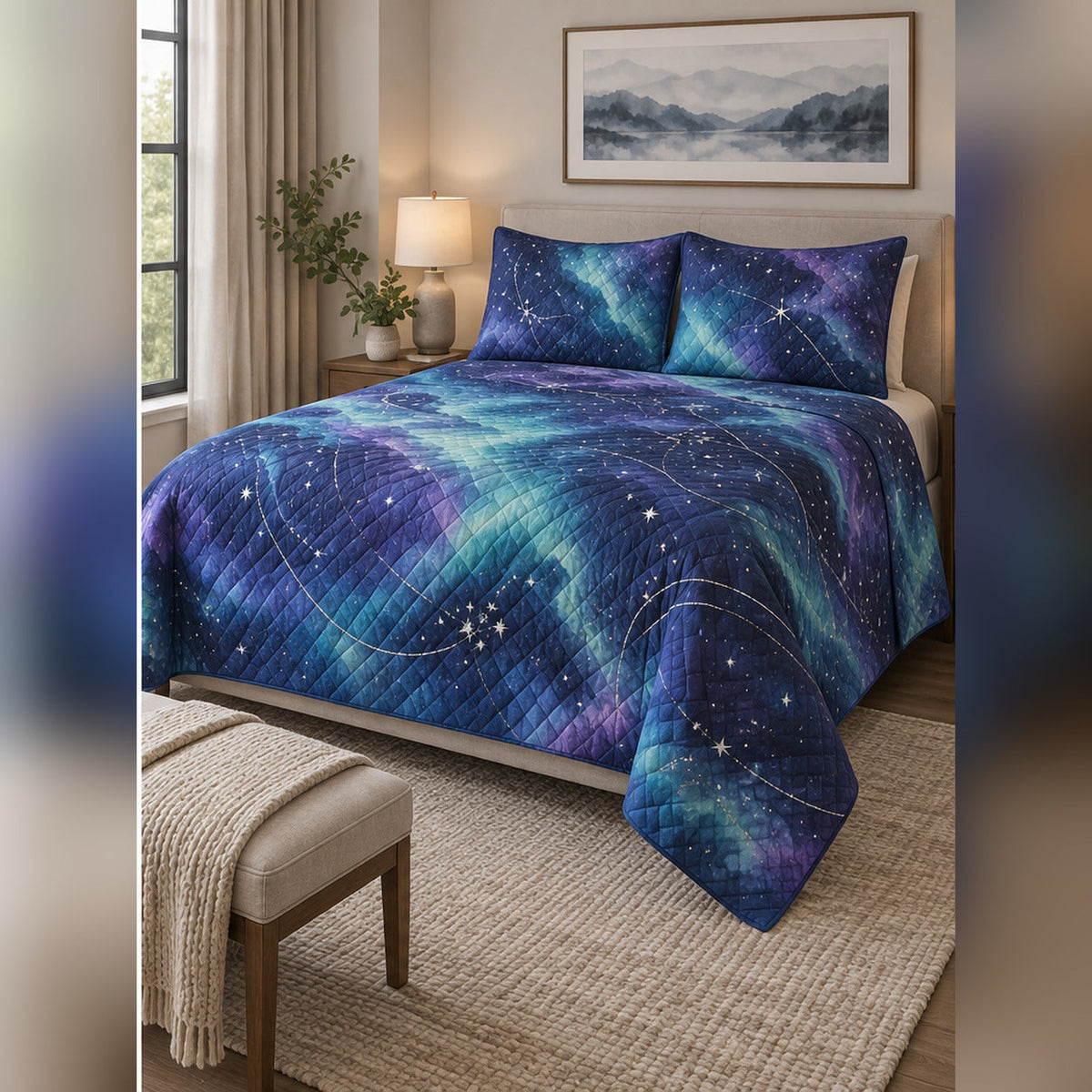 Watercolor Aurora Constellation Quilt Set, angled constellation bedroom view