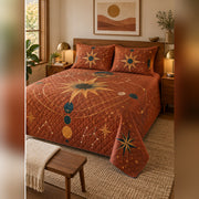 Terracotta Celestial Geometry Quilt Set, angled constellation bedroom view