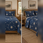 Indigo Star Block Print Quilt Set, front constellation bedroom view