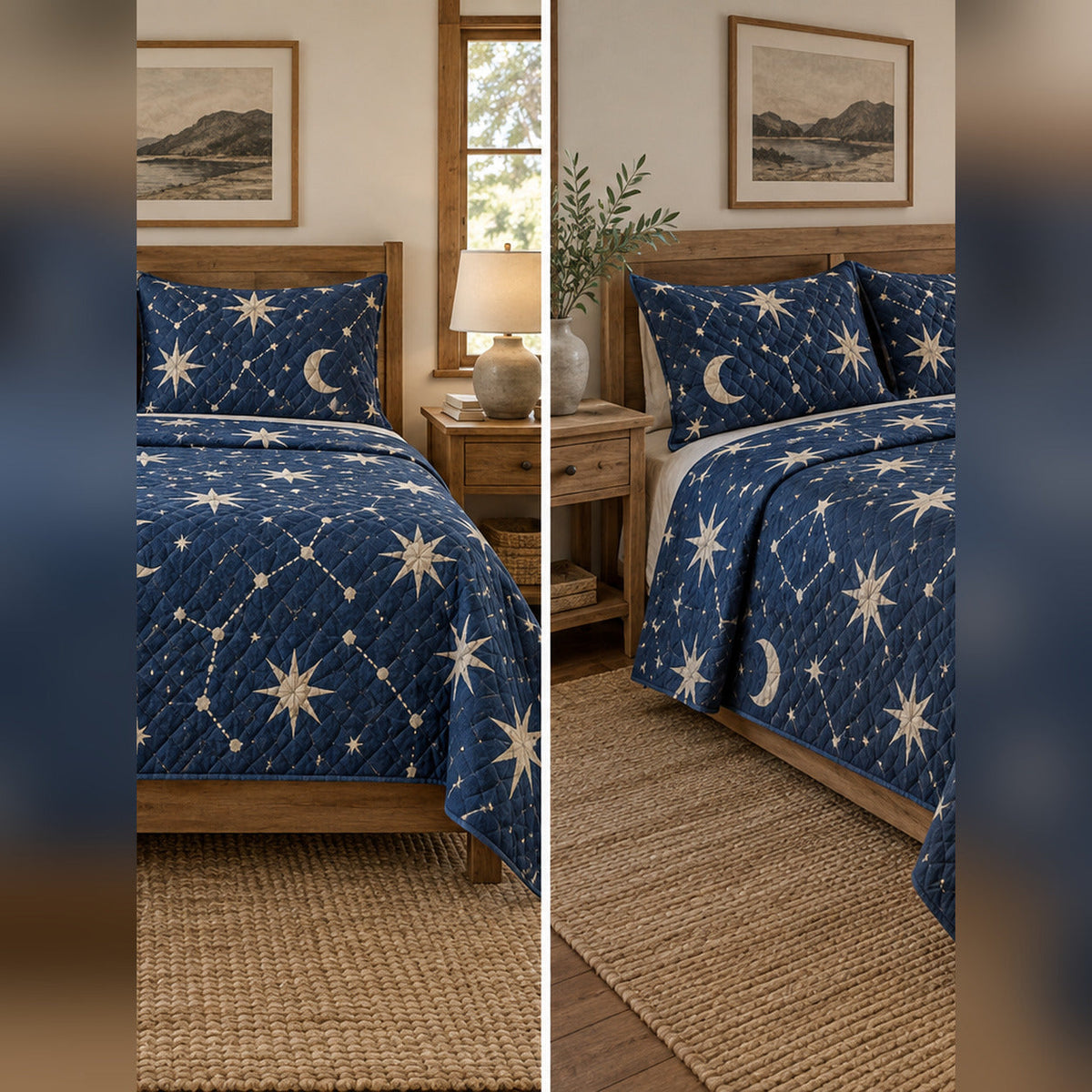 Indigo Star Block Print Quilt Set, front constellation bedroom view