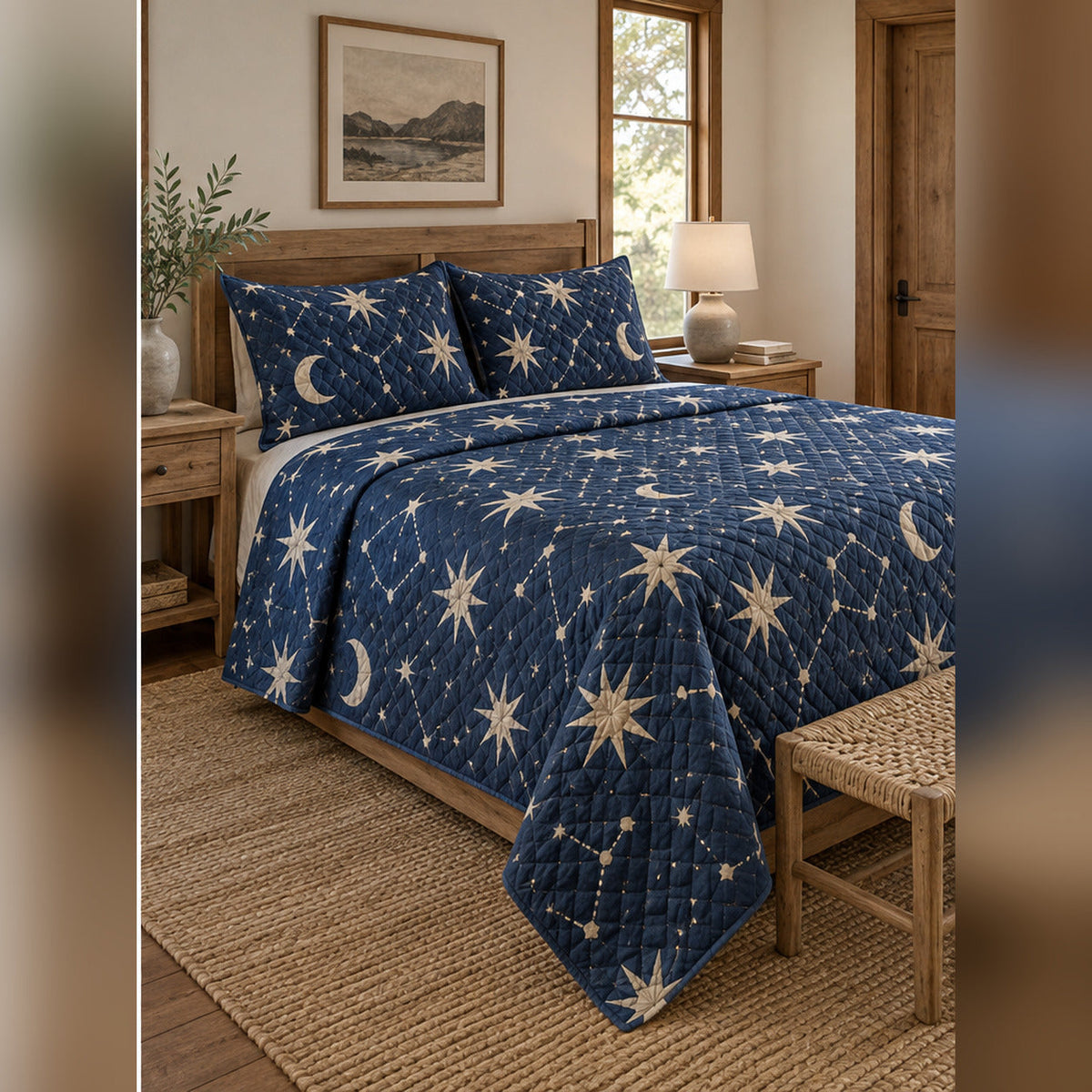 Indigo Star Block Print Quilt Set, angled constellation bedroom view