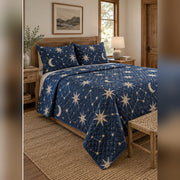 Indigo Star Block Print Quilt Set, angled constellation bedroom view