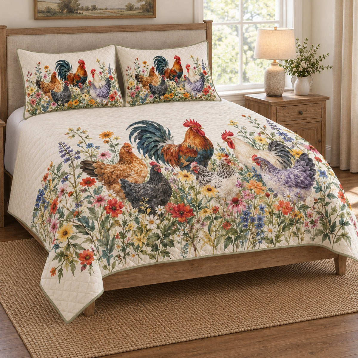 Vintage-inspired Rooster Wildflower Farmhouse Quilt Set: angled bedroom view showing the quilt artwork and coordinating shams