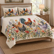 Vintage-inspired Rooster Wildflower Farmhouse Quilt Set: angled bedroom view showing the quilt artwork and coordinating shams