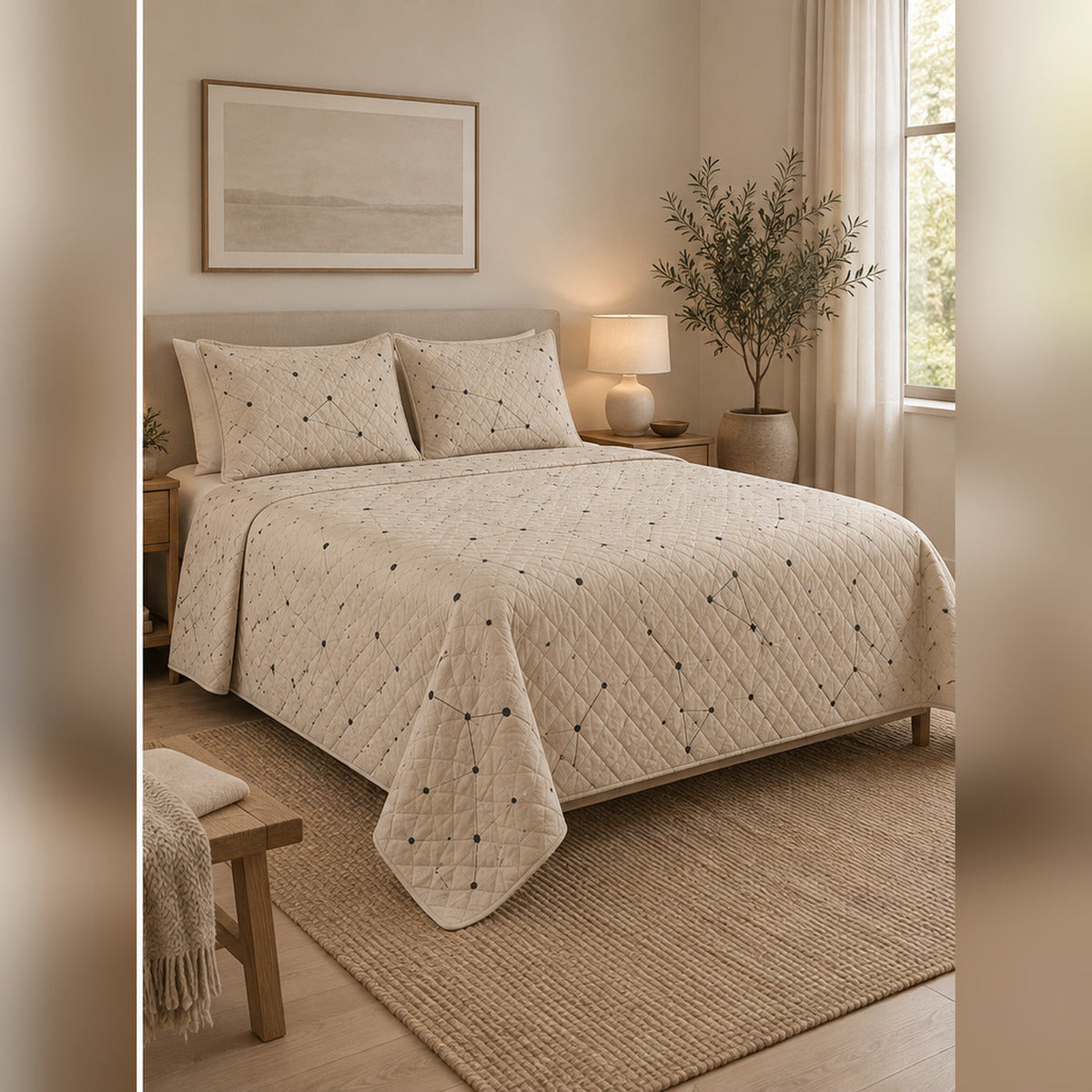 Minimal Sand Constellation Quilt Set, angled constellation bedroom view