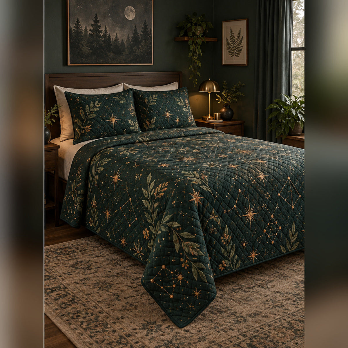 Forest Night Sky Constellation Quilt Set, angled constellation bedroom view