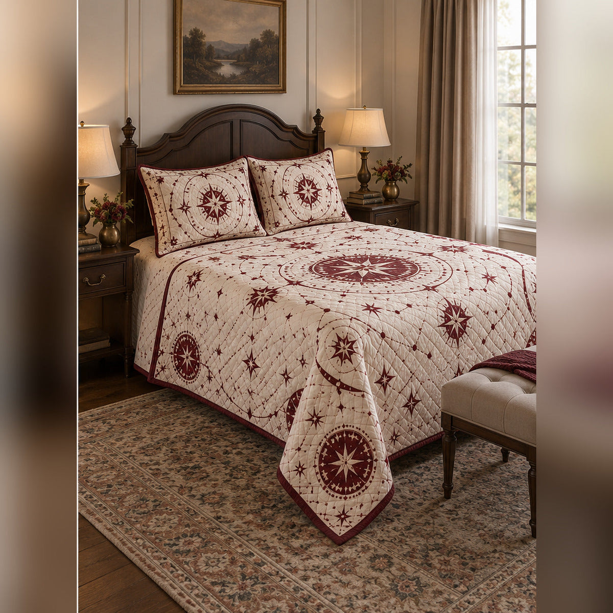 Burgundy Celestial Medallion Quilt Set, angled constellation bedroom view